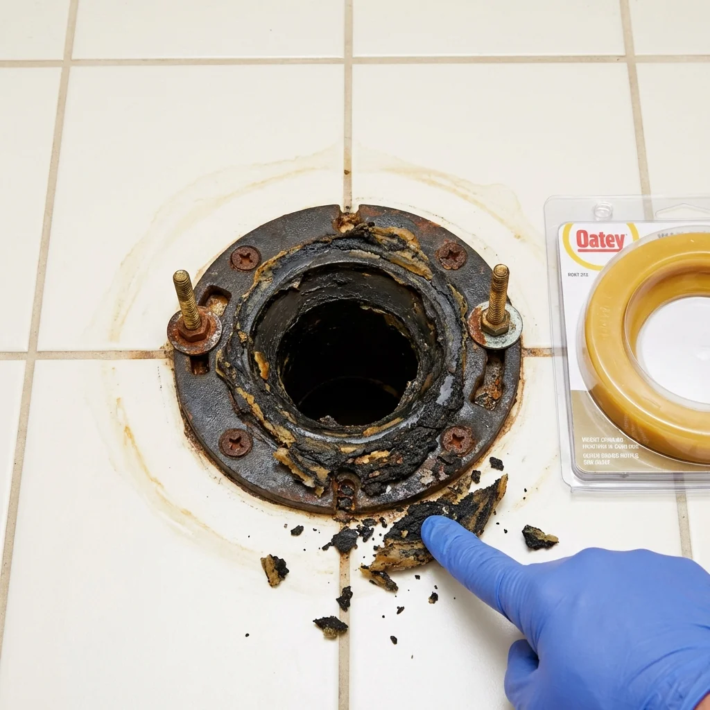 Failed wax ring showing water seepage at the base of a toilet in a Plains, MT home